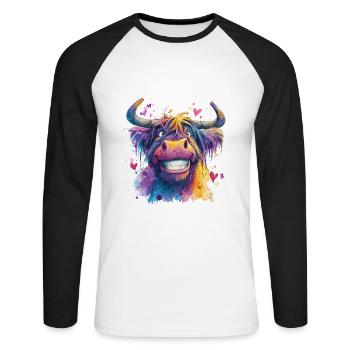 Funky Bunte Kuh in Aquarell - Unisex Baseballshirt langarm - Weiß/Schwarz - Vorne - Nik (191cm)