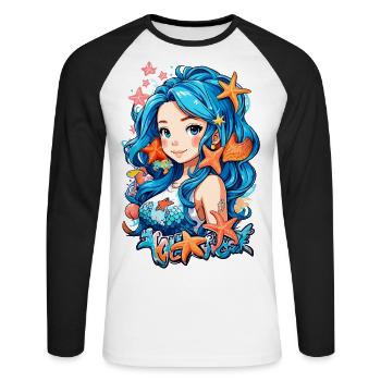 Blue Hair Mermaid - Unisex Baseballshirt langarm - Weiß/Schwarz - Vorne - Nik (191cm)