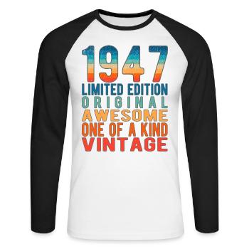 Edition limitée depuis 1947 Anniversaire Millésime 1947 - T-shirt baseball manches longues Homme - blanc/noir - Devant - Nik (191cm)