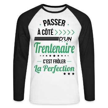 Anniversaire 30 ans - Trentenaire Perfection - T-shirt baseball manches longues Homme - blanc/noir - Devant - Nik (191cm)