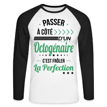 Anniversaire 80 ans - Octogénaire Perfection - T-shirt baseball manches longues Homme - blanc/noir - Devant - Nik (191cm)