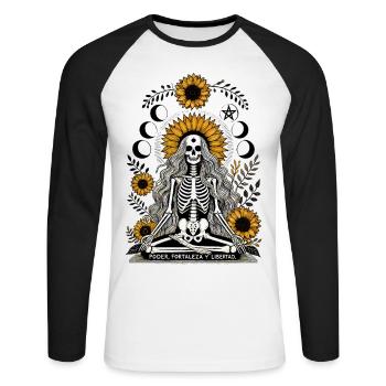 Yogi Skeleton with Sunflowers Art Halloween Design - Unisex Baseballshirt langarm - Weiß/Schwarz - Vorne - Nik (191cm)