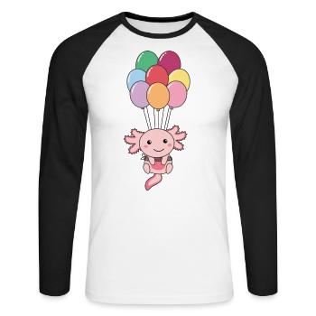 Axolotl fliegt mit bunten Luftballons nach oben - Unisex Baseballshirt langarm - Weiß/Schwarz - Vorne - Nik (191cm)