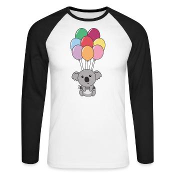 Koala fliegt mit bunten Luftballons nach oben - Unisex Baseballshirt langarm - Weiß/Schwarz - Vorne - Nik (191cm)