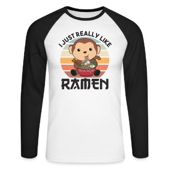 Ramen Japanese noodle sweet monkey eats ramen - Unisex Long Sleeve Baseball T-Shirt - white/black - Front - Nik (191cm)