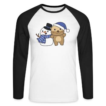 Otter with snowman in winter for Christmas - Unisex Long Sleeve Baseball T-Shirt - white/black - Front - Nik (191cm)