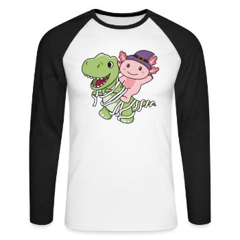 Axolotl Happy Halloween T-Rex Mummy Costume - Unisex Long Sleeve Baseball T-Shirt - white/black - Front - Nik (191cm)