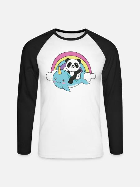 Narwal Panda ozean einhorn kawaii Regenbogen - Unisex Baseballshirt langarm - Weiß/Schwarz