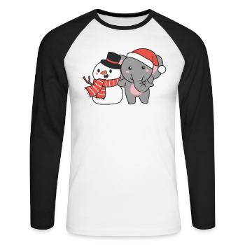 Elephant with snowman in winter for Christmas - Unisex Long Sleeve Baseball T-Shirt - white/black - Front - Nik (191cm)
