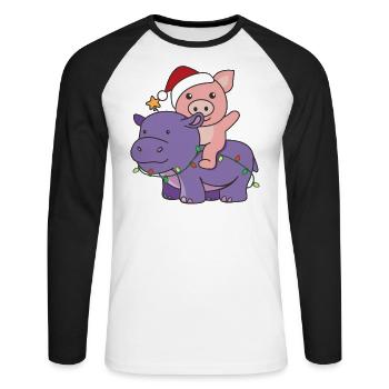 Christmas Hippo Pig Merry Christmas Hippo - Unisex Long Sleeve Baseball T-Shirt - white/black - Front - Nik (191cm)