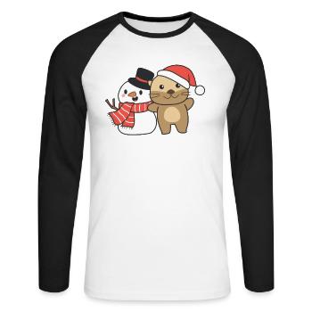 Otter with snowman in winter for Christmas - Unisex Long Sleeve Baseball T-Shirt - white/black - Front - Nik (191cm)