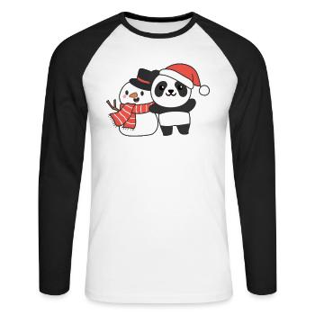 Panda mit Schneemann im Winter zu Weihnachten - Unisex Baseballshirt langarm - Weiß/Schwarz - Vorne - Nik (191cm)