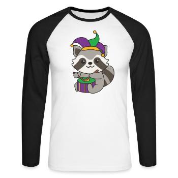 Fasching Waschbär mit Trommel Faschings Kostüm - Unisex Baseballshirt langarm - Weiß/Schwarz - Vorne - Nik (191cm)