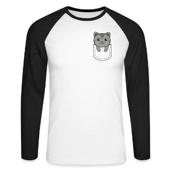 Katze in Tasche süße Katzen in Brusttasche - Unisex Baseballshirt langarm - Weiß/Schwarz - Vorne - Nik (191cm)
