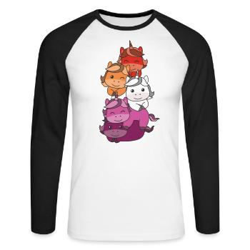 Lesbische Flag Pride LGBTQ süßer Einhorn Stapel - Unisex Baseballshirt langarm - Weiß/Schwarz - Vorne - Nik (191cm)