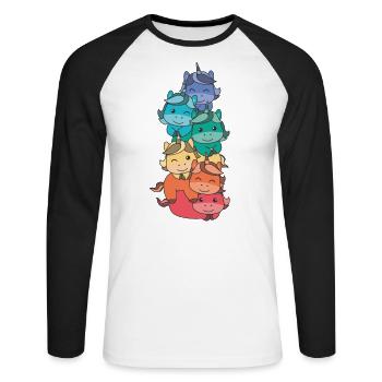 Regenbogen Flag Pride LGBTQ süßer Einhorn Stapel - Unisex Baseballshirt langarm - Weiß/Schwarz - Vorne - Nik (191cm)