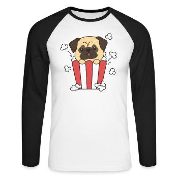 Pug Popcorn Time animaux drôles dans la restauration rapide - T-shirt baseball manches longues Homme - blanc/noir - Devant - Nik (191cm)