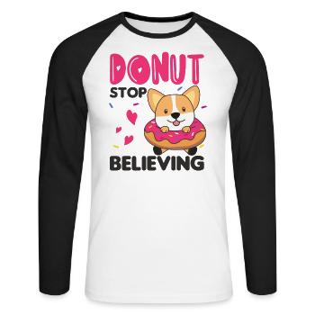 Cute Corgi funny animals in donut pun pink - Unisex Long Sleeve Baseball T-Shirt - white/black - Front - Nik (191cm)