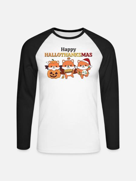 Happy Hallothanksmas Fox Christmas Foxes - Unisex Long Sleeve Baseball T-Shirt - white/black