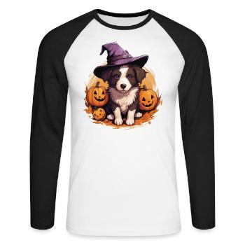 Halloween Chapeau de Sorcière Citrouille Chien Border Collie - T-shirt baseball manches longues Homme - blanc/noir - Devant - Nik (191cm)