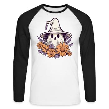 Halloween Groovy Ghost Hippie Fleurs - T-shirt baseball manches longues Homme - blanc/noir - Devant - Nik (191cm)