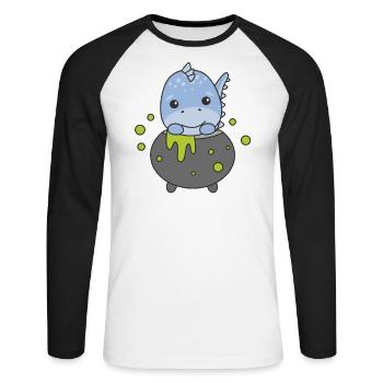 Dino Happy Halloween Cauldron Bat - Unisex Long Sleeve Baseball T-Shirt - white/black - Front - Nik (191cm)