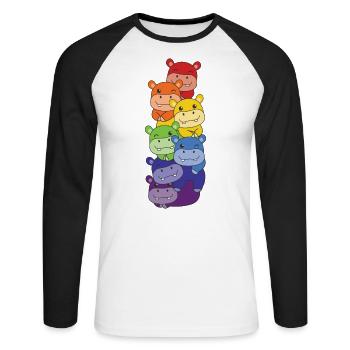 Regenbogen Flag Pride LGBTQ süßer Hippo Stapel - Unisex Baseballshirt langarm - Weiß/Schwarz - Vorne - Nik (191cm)