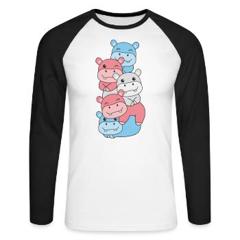 Transgender Flag Pride LGBTQ süßer Hippo Stapel - Unisex Baseballshirt langarm - Weiß/Schwarz - Vorne - Nik (191cm)