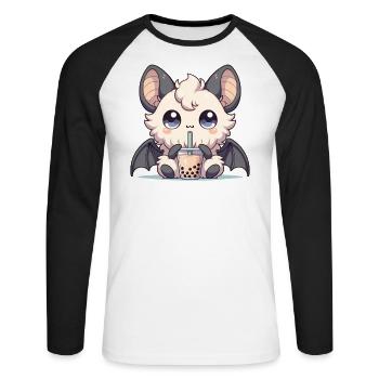 Kawaii chauves-souris Bubble Tea Boba chauve-souris - T-shirt baseball manches longues Homme - blanc/noir - Devant - Nik (191cm)