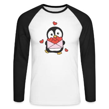 Pinguin zum Valentinstag süße Tiere mit Herzen - Unisex Baseballshirt langarm - Weiß/Schwarz - Vorne - Nik (191cm)