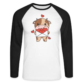Vache pour la Saint-Valentin Animaux mignons avec des cœurs - T-shirt baseball manches longues Homme - blanc/noir - Devant - Nik (191cm)
