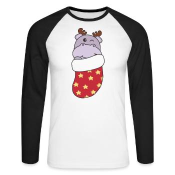 Süße Hippo in Weihnachtssocke zu Weihnachten Hippo - Unisex Baseballshirt langarm - Weiß/Schwarz - Vorne - Nik (191cm)