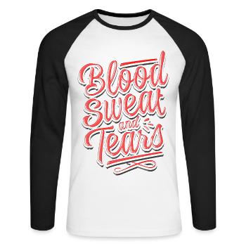 Blood sweat and tears - Typografie Schriftzug - Unisex Baseballshirt langarm - Weiß/Schwarz - Vorne - Nik (191cm)