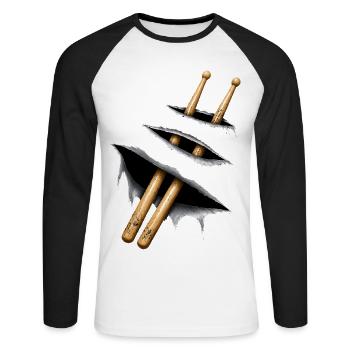Conception des baguettes – Motif du batteur et du musicien - T-shirt baseball manches longues Homme - blanc/noir - Devant - Nik (191cm)