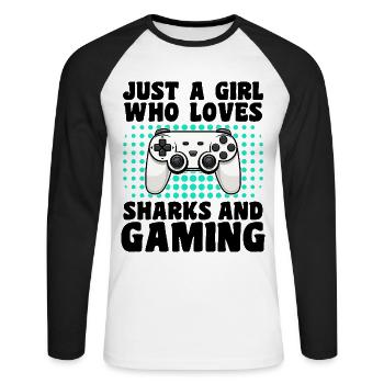 Gamer et Requins : Jeux Vidéo & Aventure Aquatique - T-shirt baseball manches longues Homme - blanc/noir - Devant - Nik (191cm)