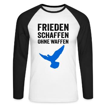 FRIEDEN SCHAFFEN OHNE WAFFEN mit Friedenstaube - Unisex Baseballshirt langarm - Weiß/Schwarz - Vorne - Nik (191cm)