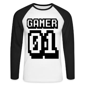 Gamer 01 02 03 Gambler Gift Gamble Retro Game - T-shirt baseball manches longues Homme - blanc/noir - Devant - Nik (191cm)