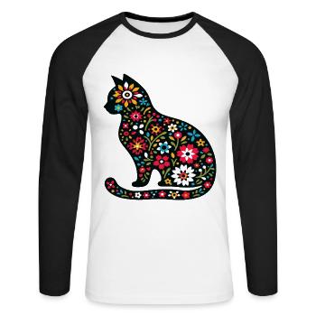 Silhouette de chat avec des fleurs - T-shirt baseball manches longues Homme - blanc/noir - Devant - Nik (191cm)
