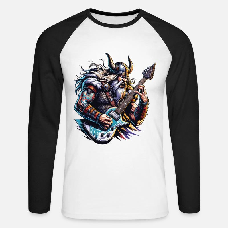 Wikingerkrieger, der E-Gitarre spielt. - Unisex Baseballshirt langarm - Weiß/Schwarz