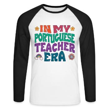 in my portuguese teacher era - Unisex Long Sleeve Baseball T-Shirt - white/black - Front - Nik (191cm)