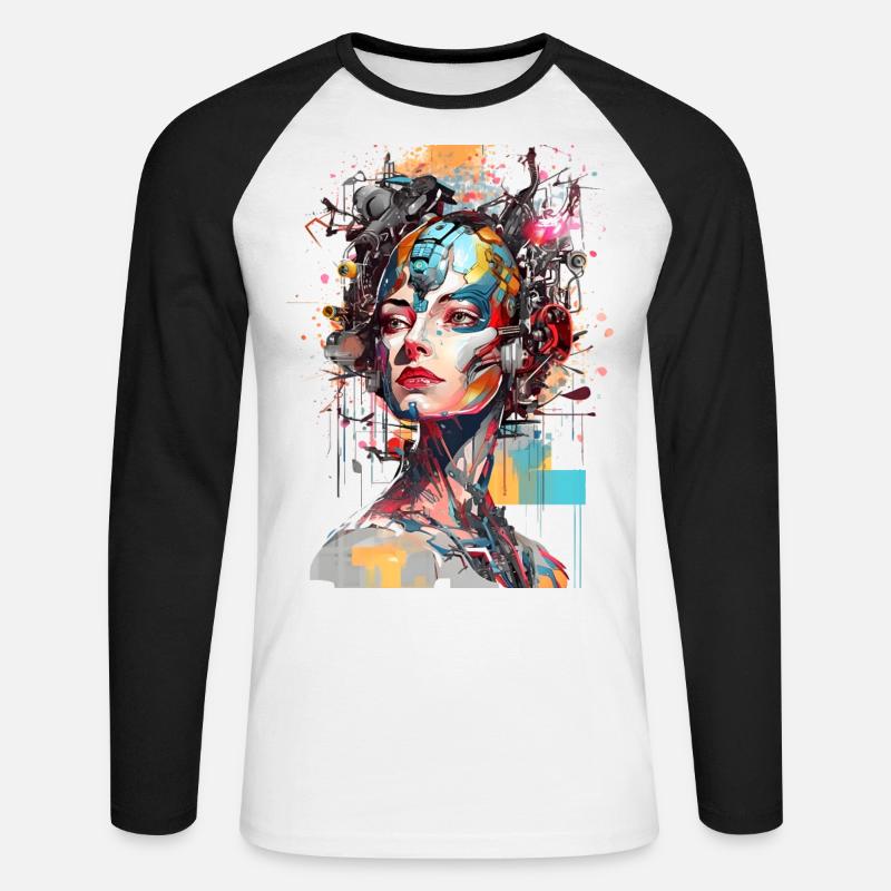 Portrait eines weiblichen AI Androiden/Cyborg - Unisex Baseballshirt langarm - Weiß/Schwarz