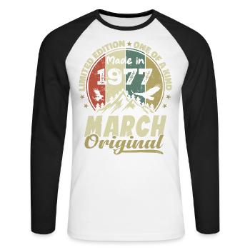 March 1977 Limited Edition Birthday Gift - Unisex Long Sleeve Baseball T-Shirt - white/black - Front - Nik (191cm)