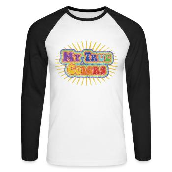 My true colors: rainbow on yellow vintage - Unisex Baseballshirt langarm - Weiß/Schwarz - Vorne - Nik (191cm)