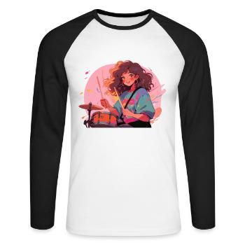 "Jiuchi on Drums" - Manga-Motiv Schlagzeug - Unisex Baseballshirt langarm - Weiß/Schwarz - Vorne - Nik (191cm)