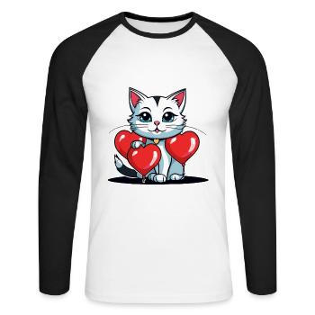 Katze Herz - Valentinstag - Unisex Baseballshirt langarm - Weiß/Schwarz - Vorne - Nik (191cm)