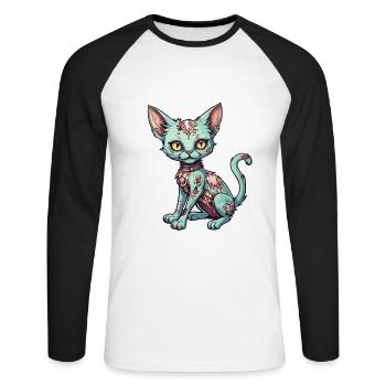 Illustration de chat zombie - T-shirt baseball manches longues Homme - blanc/noir - Devant - Nik (191cm)