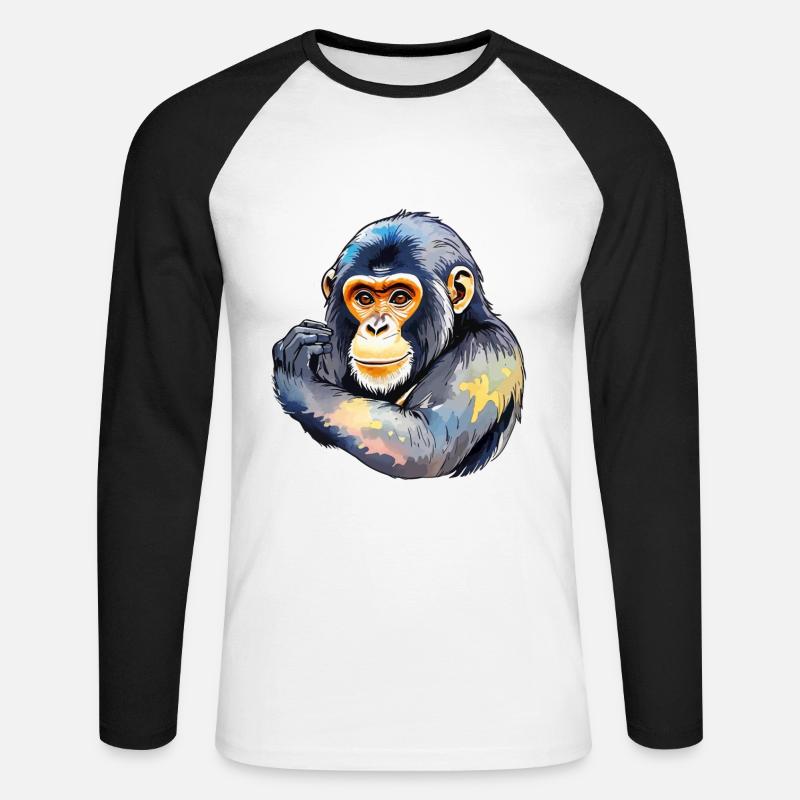 Affe Wasserfarben - Unisex Baseballshirt langarm - Weiß/Schwarz