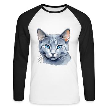 Chat bleu russe Aquarelle - T-shirt baseball manches longues Homme - blanc/noir - Devant - Nik (191cm)
