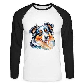 Australian Shepherd Wasserfarben - Unisex Baseballshirt langarm - Weiß/Schwarz - Vorne - Nik (191cm)