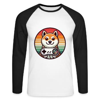 Retro Shiba Gamer mit Sunset Abzeichen - Unisex Baseballshirt langarm - Weiß/Schwarz - Vorne - Nik (191cm)